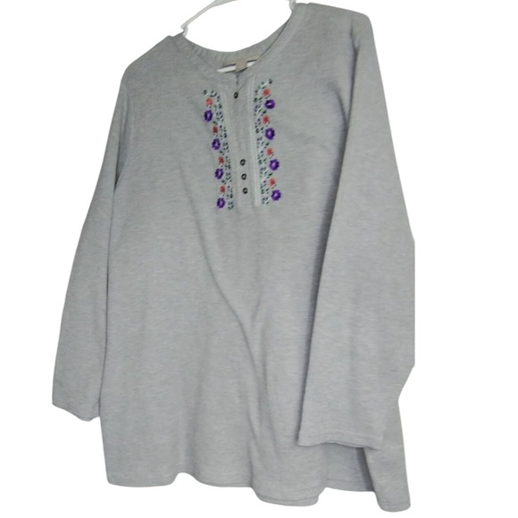 Woman Within 3X Gray Floral Embroidered‎ Henley Long Sleeve Tunic Thermal Top - Picture 1 of 14